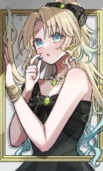  airan_alp black_bow black_dress blonde_hair blue_eyes blue_hair blueberry bow dress empty_picture_frame female food fruit gradient_hair hair_flowing_over hairbow high_ponytail highres holding holding_food holding_fruit light_blue_hair link!_like!_love_live! long_hair looking_at_viewer love_live! multicolored_hair oerba_yun_fang official_alternate_costume official_alternate_hairstyle osawa_rurino osawa_rurino_(17th_birthday) parted_bangs picture_frame sidelocks single_strap skin_fang solo upper_body virtual_youtuber wavy_sidelocks 