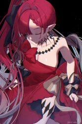  absurdres baobhan_sith_(exhibition_attire)_(fate) baobhan_sith_(fate) bare_shoulders braid breasts cleavage closed_eyes dress earrings fate/grand_order fate_(series) female hair_ribbon highres jewelry long_hair medium_breasts neko_(h_i05) pointy_ears red_dress red_hair ribbon side_ponytail sidelocks solo wrist_cuffs 