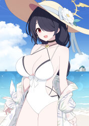  bell_(oppore_coppore) bikini black_bikini blue_archive braid braided_ponytail breasts casual_one-piece_swimsuit clothing_cutout criss-cross_halter cross cross_earrings double_bikini earrings female flower hair_over_one_eye halo halterneck hat hat_flower highres hinata_(blue_archive) hinata_(swimsuit)_(blue_archive) jewelry large_breasts layered_swimsuit official_alternate_costume one-piece_swimsuit one_eye_covered side_cutout solo straw_hat sun_hat swimsuit white_one-piece_swimsuit yellow_halo yellow_hat 