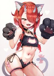  &gt;_&lt; animal_ear_fluff animal_ears animal_hands bare_shoulders bell black_bra black_choker black_panties blush bow bow_panties bra breasts bridal_garter cat_cutout cat_ear_panties cat_ears cat_lingerie cat_paws cat_tail choker claw_pose cleavage_cutout closed_eyes clothing_cutout commentary_request facing_viewer fangs female frilled_bra frills gloves hair_over_one_eye hands_up highres hoozuki_warabe horns jingle_bell kajimakoto meme_attire navel noripro one_eye_covered open_mouth panties paw_gloves pointy_ears red_hair short_hair_with_long_locks side-tie_panties small_breasts solo stomach tail tail_bow tail_ornament underwear underwear_only virtual_youtuber 