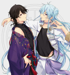  2boys 2oz absurdly_long_hair arm_on_another&#039;s_shoulder asymmetrical_sidelocks belt bishounen black_hair black_shirt blue_hair braided_sidelock choker closed_mouth cowboy_shot dragon dragon_print eastern_dragon ensemble_stars! frog_button from_side gold_trim hair_bun hand_on_own_hip hand_up hibiki_wataru highres jacket japanese_clothes kimono light_smile long_hair male_focus multiple_boys one_side_up open_clothes open_jacket open_kimono outstretched_arm pants parted_lips print_jacket profile purple_eyes purple_kimono red_belt red_eyes rope_belt sakuma_rei_(ensemble_stars!) shirt sideways_glance single_side_bun sleeveless sleeveless_shirt turtleneck turtleneck_shirt very_long_hair white_background white_jacket white_pants 