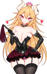  ark_evil02 armlet bare_shoulders blonde_hair blue_eyes bowsette bracelet breasts cleavage collar commentary crown dress earrings female gloves highres horns jewelry large_breasts leather leather_gloves leather_skirt long_hair mario_(series) new_super_mario_bros._u_deluxe sharp_teeth solo spiked_bracelet spiked_collar spikes teeth 