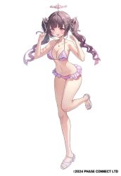  bikini breasts brown_hair cleavage clenched_hands collarbone copyright_notice female frilled_bikini frills full_body greenapple hair_ornament hair_ribbon heart highres himemiya_rie long_hair navel object_floating_above_hand open_mouth phase_connect pink_bikini pink_eyes ribbon shadow solo standing standing_on_one_leg swimsuit tiara twintails virtual_youtuber white_footwear white_ribbon 