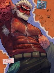  2024 abs absurd_res anthro barazoku biceps big_daddy_(zenless_zone_zero) big_fangs big_muscles biped fangs hair hi_res looking_at_viewer makota_toh male mammal mihoyo muscular muscular_anthro muscular_male nipple_piercing nipple_ring nipples pecs piercing red_body ring_piercing shirtless_anthro shirtless_male solo suid suina sus_(pig) teeth white_armpit_hair white_chest_hair white_hair wild_boar zenless_zone_zero 