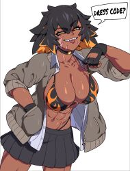  abs aniwars bikini bikini_under_clothes black_choker black_gloves black_hair breasts brown_jacket choker cleavage cowboy_shot dark-skinned_female dark_skin dress_shirt female fingerless_gloves flame_print gloves grey_skirt grin hand_in_pocket hellhound_(aniwars) highres jacket large_breasts long_hair looking_at_viewer messy_hair miniskirt multicolored_hair muscular muscular_female open_clothes open_jacket open_shirt orange_hair piercing pleated_skirt ponaners print_bikini scar scar_on_face shirt simple_background skirt sleeves_pushed_up smile solo speech_bubble stomach strap string_pull sweat swimsuit tongue tongue_out tongue_piercing two-tone_hair white_background white_shirt yellow_eyes 