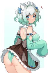  absurdres ass blue_eyes blush border breasts closed_mouth cowboy_shot detached_sleeves dress fading_border female frilled_dress frilled_sleeves frills from_side gradient_hair green_dress green_hair green_panties green_sleeves grey_hair hair_ornament heart highres indie_virtual_youtuber large_breasts looking_at_viewer maid maid_headdress mint_fantome mole mole_on_ass moursho multicolored_hair outside_border panties short_hair sleeves_past_fingers sleeves_past_wrists smile solo standing two-tone_hair two_side_up underwear virtual_youtuber x_hair_ornament 