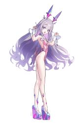  absurdres alternate_costume colored_inner_hair female flat_chest fueppu gem grey_hair highres hololive hololive_english jewel_under_eye koseki_bijou leotard long_hair looking_at_viewer metal_wings multicolored_hair open_mouth pink_hair playboy_bunny purple_eyes simple_background solo teeth upper_teeth_only virtual_youtuber white_background wrist_cuffs 