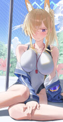  absurdres bare_shoulders blonde_hair blue_archive blue_eyes blue_halo blue_jacket blue_sky breasts chain-link_fence cloud cloudy_sky commentary_request day fang_out female fence hair_over_one_eye halo highres jacket jinsei_tsuraiman kanna_(blue_archive) kanna_(swimsuit)_(blue_archive) large_breasts looking_down oerba_yun_fang off_shoulder one-piece_swimsuit open_clothes open_jacket sitting sky solo swimsuit whistle whistle_around_neck white_one-piece_swimsuit 