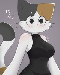  4:5 ?! absurd_res anthro black_clothing black_dress blush breasts calico_cat clothing dialogue domestic_cat dress eyebrows eyelashes felid feline felis female fur hi_res mammal motion_lines multicolored_body multicolored_fur navel pink_nose sadbox10 solo standing tail whiskers 