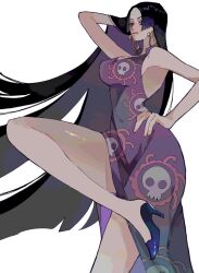  bakakokithakan black_hair boa_hancock breasts dress earrings female from_side hand_in_own_hair hand_on_own_hip high_heels highres jewelry leg_up long_hair looking_at_viewer one_piece purple_dress purple_eyes side_slit snake_earrings thighs 