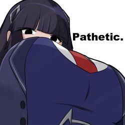  black_eyes black_hair breasts female from_above highres jacket looking_at_viewer meme nao_(omega_strikers) necktie omega_strikers pathetic_(meme) purple_jacket purple_vest red_necktie upper_body vest 