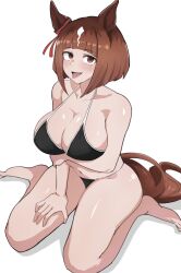  :p animal_ears arm_under_breasts barefoot bikini black_bikini breasts brown_hair cleavage commentary_request ear_ornament female highres horse_ears horse_girl horse_tail large_breasts miya_nns35 multicolored_hair navel on_ground open_mouth red_eyes short_hair simple_background sitting smile solo stomach streaked_hair swimsuit tail tongue tongue_out transcend_(umamusume) umamusume wariza white_background white_hair 