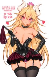  ark_evil02 armlet bare_shoulders blonde_hair blue_eyes bowsette bracelet breasts cleavage collar commentary crown dress earrings female gloves highres horns jewelry large_breasts leather leather_gloves leather_skirt long_hair mario_(series) new_super_mario_bros._u_deluxe sharp_teeth solo spiked_bracelet spiked_collar spikes teeth 