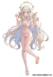  aqua_eyes bikini blonde_hair blue_choker breasts choker collarbone copyright_notice criss-cross_halter female full_body greenapple hair_ornament halo halterneck highres hikanari_hina large_breasts long_hair navel open_mouth phase_connect sandals shadow solo swimsuit virtual_youtuber white_bikini wing_hair_ornament yellow_footwear 