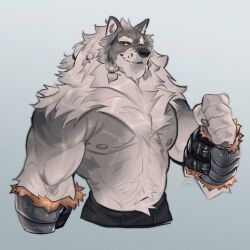  1:1 2024 anthro barazoku bearlyfeline big_muscles biped black_eyes canid canine canis fur grey_body grey_fur hi_res looking_at_viewer male mammal muscular muscular_anthro muscular_male shirtless_anthro shirtless_male solo white_body white_fur wolf yellow_sclera 