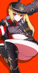  black_footwear black_gloves black_helmet black_jacket black_shorts blonde_hair crop_top female gloves hair_between_eyes half_gloves helmet highres jacket light_blush long_hair looking_at_viewer luciana_de_montefio red_background red_eyes short_shorts shorts side_ponytail sidelocks simple_background solo thighs yun_(kbdenz9) zenless_zone_zero 