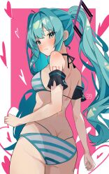  39 absurdres aqua_eyes aqua_hair arm_tattoo ass back bikini black_sleeves blush closed_mouth coco_irasuto commentary_request cowboy_shot detached_sleeves female frilled_sleeves frills from_behind halterneck hatsune_miku heart highres long_hair looking_at_viewer looking_back number_tattoo partial_commentary pink_background sidelocks solo standing striped_bikini striped_clothes swimsuit tattoo twintails very_long_hair vocaloid wavy_hair wavy_mouth 