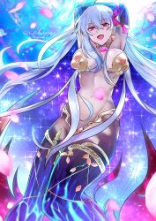  armlet armor armpits arms_behind_head arms_up bikini_armor blue_hair blue_skin blush breasts cleavage collar colored_inner_hair colored_skin earrings fate/grand_order fate_(series) female flower fufufu_hehehe gradient_skin hair_ribbon highres jewelry kama_(fate) kama_(third_ascension)_(fate) large_breasts long_hair looking_at_viewer lotus metal_collar multicolored_hair navel open_mouth petals red_eyes ribbon smile solo thighlet thighs two-tone_hair white_hair 