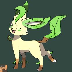  3_toes brown_nose darknsfwindie eeveelution facial_markings feet feral food fruit generation_4_pokemon green_ears green_eyes green_markings green_tail head_markings hi_res key_(fellnyanya) kiwifruit leafeon leg_markings looking_at_viewer looking_back looking_back_at_viewer male markings nintendo one_eye_closed open_mouth open_smile plant pokemon pokemon_(species) quadruped raised_foot smile socks_(marking) solo tail toes white_inner_ear white_toes wink winking_at_viewer 