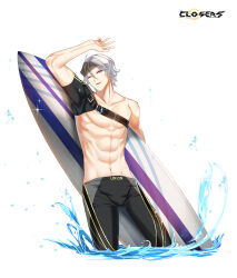  1boy ;d abs arm_up black_male_swimwear black_sleeves closers collarbone copyright_name covered_armpit cowboy_shot detached_sleeves hand_up highres holding holding_surfboard j_(closers) legskin logo looking_at_viewer male_focus male_swimwear navel official_art one_eye_closed parted_bangs parted_lips pectorals short_hair short_sleeves single_bare_shoulder single_detached_sleeve smile solo surfboard toned toned_male topless_male variant_set wading water white_background white_hair 