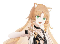  :d animal_ears arknights bare_shoulders beoseoslon_(mushron) black_choker black_jacket black_wristband brown_hair choker collarbone commentary female fingernails gold green_eyes green_nails hand_up holding jacket jewelry long_hair looking_at_viewer nail_polish necklace oerba_yun_fang official_alternate_costume open_mouth parted_bangs simple_background sleeveless sleeveless_jacket smile solo swire_(arknights) swire_the_elegant_wit_(arknights) upper_body white_background white_jacket wristband 