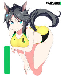  ahoge animal_ears black_hair blue_eyes breasts buruma character_name cleavage cropped_legs ear_ornament feet_out_of_frame female fuji_kiseki_(umamusume) horse_ears horse_girl horse_tail leaning_forward medium_breasts numbered shigino_sohuzi short_hair simple_background solo sports_bikini sports_bra tail umamusume white_background yellow_buruma yellow_sports_bra 