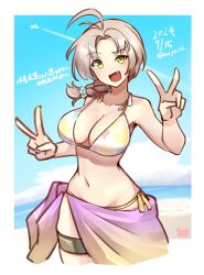  antenna_hair beach bikini blue_sky braid breasts cloud commentary_request contrail dated day double_v female floral_print gradient_sarong green_eyes grey_hair highres horizon kantai_collection kinugasa_(kancolle) kinugasa_kai_ni_(kancolle) kinugasa_kai_ni_(swimsuit_mode)_(kancolle) large_breasts looking_at_viewer ocean oerba_yun_fang official_alternate_costume official_alternate_hairstyle open_mouth outdoors print_bikini sarong side-tie_bikini_bottom single_braid sky solo swimsuit tanyou translation_request v yellow_bikini 