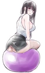  ass ball bare_arms bare_shoulders black_hair black_skirt breasts closed_mouth commentary_request exercise_ball female from_behind full_body glasses highres large_breasts long_hair looking_at_viewer looking_back mikokuno_homare miniskirt original panties pantyshot pencil_skirt pink_panties red_eyes sideboob simple_background sitting skirt sleeveless sleeveless_sweater solo straight_hair sweater underwear white_background 