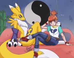  bandai_namco black_sclera claws clothing digimon digimon_(species) duo female furniture hi_res human looking_at_viewer mammal nanaeljustice renamon sitting sofa 