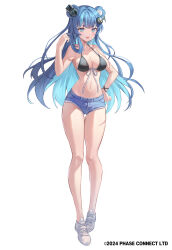  animal_ears bear_ears bear_girl bikini black_bikini blue_eyes blue_hair blue_shorts breasts cleavage collarbone copyright_notice female fujikura_uruka full_body greenapple hair_ornament headphones highres long_hair multicolored_hair musical_note musical_note_hair_ornament navel open_mouth phase_connect shadow shoes short_shorts shorts solo swimsuit twirling_hair two-tone_hair virtual_youtuber white_footwear 