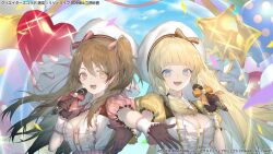  2girls :d assault_lily balloon beret black_gloves blonde_hair blue_eyes blue_sky blunt_bangs breasts brown_hair brown_ribbon buttons center_frills cleavage cleavage_cutout clothing_cutout cloud commentary_request day floating_hair frilled_shirt frills glint gloves hair_between_eyes hair_ribbon hands_up hat hat_ribbon heart_balloon heterochromia highres holding holding_microphone idol kotarou_(kot_mochi) kuo_shenlin light_particles long_hair looking_at_viewer low-tied_sidelocks medium_breasts microphone multiple_girls official_alternate_costume official_art one_side_up open_hand outdoors outstretched_arm pink_eyes pink_ribbon pink_shirt puffy_short_sleeves puffy_sleeves reaching reaching_towards_viewer ribbon shirt short_sleeves sky smile sparkle star_balloon striped_ribbon tachihara_sayu teeth two-tone_shirt underbust upper_body upper_teeth_only v-shaped_eyebrows very_long_hair watermark white_hat white_shirt wrist_cuffs yellow_eyes yellow_shirt 