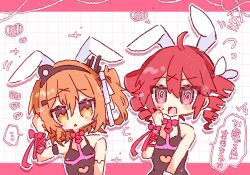  2girls @_@ a.i._voice adachi_rei ahoge alternate_costume android animal_ears arm_ribbon bare_shoulders bunny_day chibi chibi_only clothing_cutout drill_hair fake_animal_ears grid_background hair_between_eyes hair_ribbon hand_up heart_cutout highres joints kasane_teto kasane_teto_(sv) kemonomimi_mode looking_at_viewer medium_hair multiple_girls nanashi_(pos_t_0w0) one_side_up open_mouth orange_eyes orange_hair rabbit_ears red_eyes red_hair ribbon robot_joints sleeveless synthesizer_v triangle_mouth twin_drills upper_body utau white_ribbon 