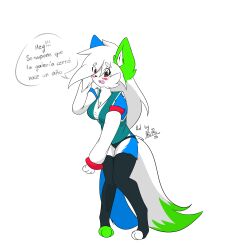  1:1 absurd_res anthro arctic_fox blue_body blue_fur blush canid canine clothed clothing female fox fur green_body green_fur hair hi_res humanoid kiro_za mammal pink_eyes simple_background solo tail true_fox white_body white_fur white_hair 