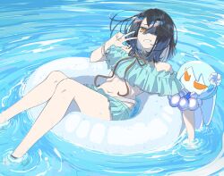  anianiani0607 bikini black_hair bracelet brown_eyes fate/grand_order fate_(series) female floating frilled_bikini frills hair_over_one_eye highres innertube jewelry medium_hair mole mole_under_eye navel swim_ring swimsuit v water xu_fu_(fate) xu_fu_(swimsuit_avenger)_(fate) xu_fu_(swimsuit_avenger)_(second_ascension)_(fate) 