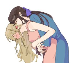  2girls bare_arms blue_dress blush brown_hair closed_eyes dress ear_blush hair_ribbon hug hug_from_behind kissing kissing_neck long_hair multiple_girls pink_dress purple_ribbon ribbon runrunsmallcake saijou_claudine shoujo_kageki_revue_starlight simple_background sleeveless sleeveless_dress sweatdrop tendou_maya white_background yuri 