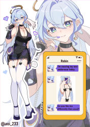  bag bare_shoulders battery_indicator black_choker black_dress blue_hair breasts choker cleavage commentary dress english_commentary english_text fake_phone_screenshot fake_screenshot female garter_belt halo handbag head_wings heart high_heels highres holding holding_phone honkai:_star_rail honkai_(series) large_breasts light_blue_hair lingerie long_hair phone robin_(honkai:_star_rail) spoken_letter thighhighs thighs twitter_username two-tone_eyes underwear white_background white_garter_belt white_thighhighs wi-fi_symbol wings yoshitoki_(kisshin) zettai_ryouiki 