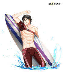  1boy ;d abs alternate_hair_color arm_up black_hair closers collarbone copyright_name covered_armpit cowboy_shot detached_sleeves hand_up highres holding holding_surfboard j_(closers) legskin logo looking_at_viewer male_focus male_swimwear navel official_art one_eye_closed parted_bangs parted_lips pectorals red_male_swimwear red_sleeves short_hair short_sleeves single_bare_shoulder single_detached_sleeve smile solo surfboard toned toned_male topless_male variant_set wading water white_background 