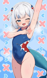  absurdres animal_costume arm_up armpits blue_eyes blue_hair blunt_bangs blush fangs female fins fish_tail flat_chest gawr_gura hair_ornament highres hololive hololive_english kani_bonara looking_at_viewer multicolored_hair navel one-piece_swimsuit one_eye_closed open_mouth presenting_armpit shark_costume shark_girl shark_hair_ornament sharp_teeth smile solo spread_armpit streaked_hair sweat swimsuit tail teeth two_side_up v virtual_youtuber 