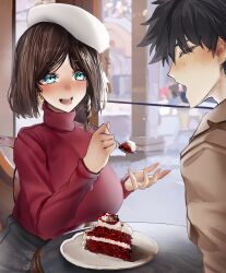  1boy absurdres beret black_hair blush braid breasts brown_hair cafe cake charlotte_corday_(fate) fate/grand_order fate_(series) feeding female food fujimaru_ritsuka_(male) green_eyes hat highres holding holding_spoon impossible_clothes large_breasts long_sleeves obazzotto open_mouth short_hair side_braid smile spoon sweater turtleneck turtleneck_sweater 