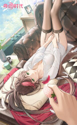  1boy absurdres black_thighhighs breasts brown_hair candle closed_mouth collared_shirt copyright_name couch covering_crotch covering_privates crazy_ones cup cushion day dress_shirt feathers feet_out_of_frame female flower food from_above fruit garter_straps green_eyes highres holding holding_food holding_fruit indoors lace-trimmed_thighhighs lace_trim legs_up logo long_hair long_sleeves looking_at_viewer lying medium_breasts multicolored_hair no_pants official_art on_back on_couch photo_(object) picture_frame pink_hair plant ponytail potted_plant pov pov_hands protagonist_(crazy_ones) purple_flower shirt shirt_tug smile solo_focus strawberry streaked_hair su_xiaoye thighhighs upside-down white_feathers white_shirt window 