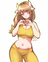  ;) alternate_costume ass_visible_through_thighs braid braided_ponytail breasts brown_hair cleavage commission female fire_emblem fire_emblem_engage goldmary_(fire_emblem) heart heart_hands ko-fi_commission large_breasts long_hair looking_at_viewer low_ponytail mole mole_on_breast one_eye_closed ribbon rotomdocs smile solo white_ribbon yellow_eyes 