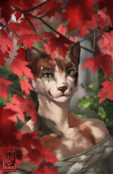  anthro autumn calico_cat clothing digital_media_(artwork) domestic_cat elsweyr eye_scar facial_scar felid feline felis female green_eyes hi_res khajiit leaf mammal maple_leaf microsoft plant portrait scar solo stick sweater techiesxc the_elder_scrolls topwear tree 