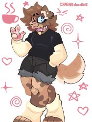  4_fingers anthro band-aid bandage blep canid canine chainsdoodles clothed clothing collar fingers hand_in_pocket male mammal pockets simple_background solo standing tongue tongue_out white_background 