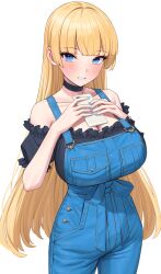  black_choker black_shirt blonde_hair blue_eyes blue_overalls blush breasts cellphone choker cleavage collarbone female frilled_shirt frills highres holding holding_phone large_breasts lina_(michihasu) long_hair looking_at_viewer michihasu original overalls phone shirt simple_background smile solo standing very_long_hair white_background 