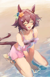  :d ^_^ absurdres animal_ears beach bikini blue_flower blush breasts brown_hair closed_eyes commentary_request fagrp12 female flower hair_between_eyes hair_flower hair_ornament highres horse_ears horse_girl horse_tail open_mouth orange_flower pink_bikini sakura_chiyono_o_(umamusume) sand sitting small_breasts smile solo swimsuit tail thighs umamusume wet 