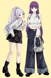  2girls arm_under_breasts bag bell-bottoms belt black_bag black_belt black_footwear black_skirt blunt_bangs boots breasts commentary_request denim elf fern_(sousou_no_frieren) frieren full_body green_eyes grey_bag hand_on_own_chin handbag high_ponytail highres holding holding_bag holding_own_arm jeans large_breasts leather_skirt long_hair long_sleeves looking_at_another looking_at_viewer midriff midriff_peek miniskirt multiple_girls navel omichi_1219 pants platform_boots platform_footwear pointy_ears purple_eyes purple_hair shoulder_bag simple_background skirt small_breasts sousou_no_frieren standing straight_hair sweat sweater white_hair white_sweater wide_sleeves yellow_background zipper 