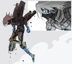  1boy android armor battle_damage blue_eyes broken_wires commentary damaged danganronpa_(series) danganronpa_v3:_killing_harmony debris flying from_side glowing glowing_eyes grey_hair gun hair_between_eyes highres k1-b0 male_focus mask morning_(d0nteat) mouth_mask power_armor profile ringed_eyes robot robot_ears short_hair simple_background smoke solo weapon white_hair 