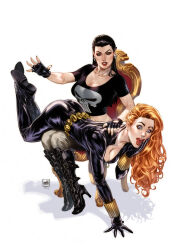  2girls absurdres black_bodysuit black_footwear black_gloves black_hair black_widow blue_eyes bodysuit boots breasts brown_eyes chains cleavage crop_top earrings fingerless_gloves genderswap_(mtf) gloves high_heel_boots high_heels highres jewelry long_hair lying lying_on_lap marvel mike_krome multiple_girls on_stomach orange_hair parted_lips print_shirt punisher red_lips rule_63 shirt short_sleeves signature simple_background sitting skull_earrings skull_print spanking white_background yuri 