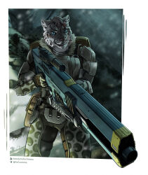  aiming anthro armor bag blurred_background digital_media_(artwork) felid gun halo_(series) hi_res male mammal microsoft military painting_(artwork) pantherine plant portrait ranged_weapon rifle sniper_rifle snow snow_leopard soldier solo tail techiesxc tree warrior weapon xbox_game_studios 