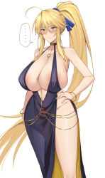  absurdres ahoge artoria_pendragon_(fate) artoria_pendragon_(lancer)_(fate) bb_dubai_(fate) bb_dubai_(fate)_(cosplay) belly_chain black_dress blonde_hair blue_ribbon bracelet braid breasts center_opening chains cocktail_dress cosplay dress fate/grand_order fate_(series) female gold_chain gold_dress green_eyes hair_between_eyes hair_ribbon hand_on_own_hip highres huge_breasts jewelry long_hair navel necklace nekosama_shugyouchuu ribbon side_slit sidelocks solo striped_clothes two-sided_dress two-sided_fabric vertical-striped_clothes very_long_hair 